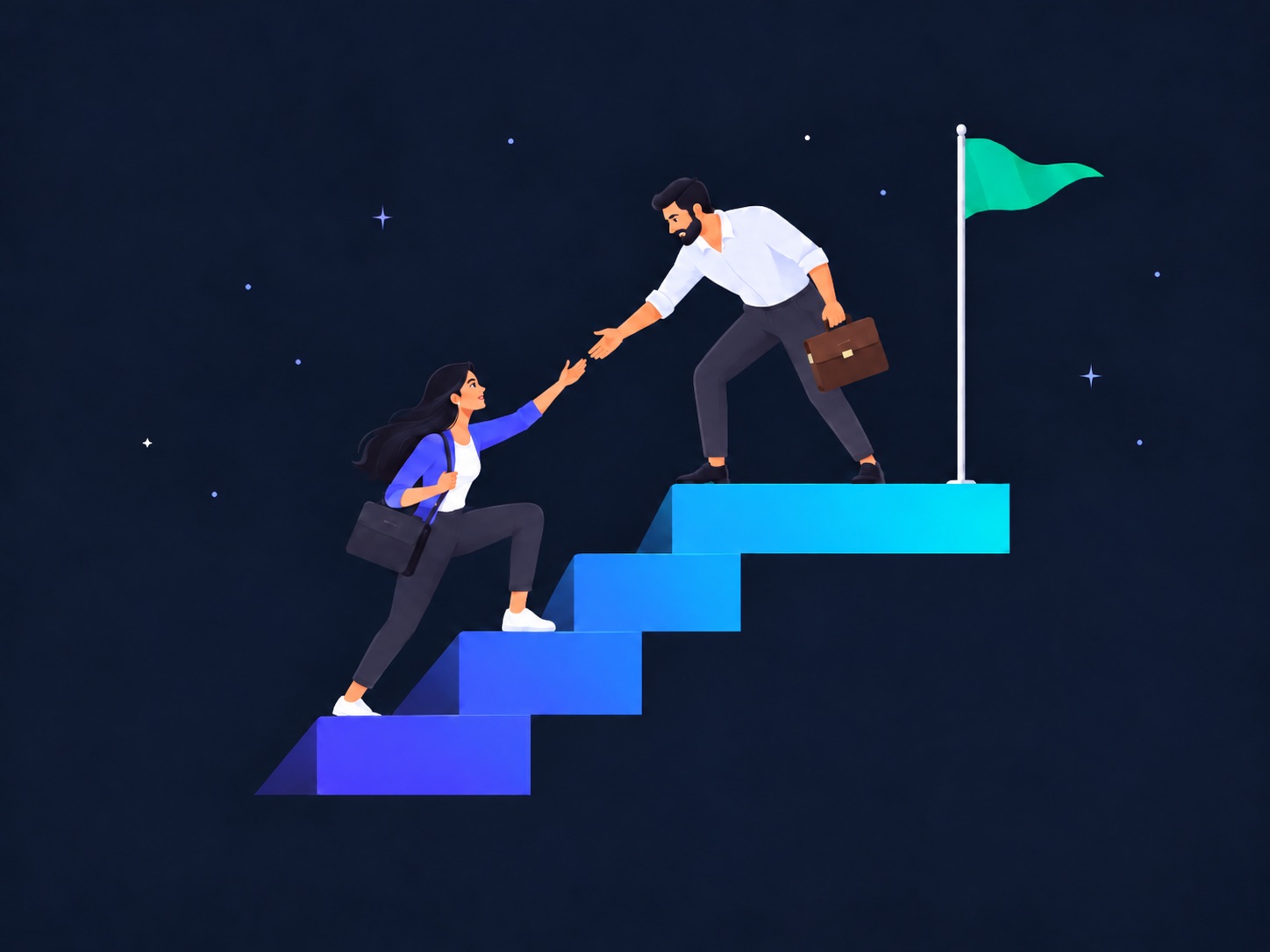 A mentor at the top of a staircase reaches down to help a young professional climb toward a green flag.